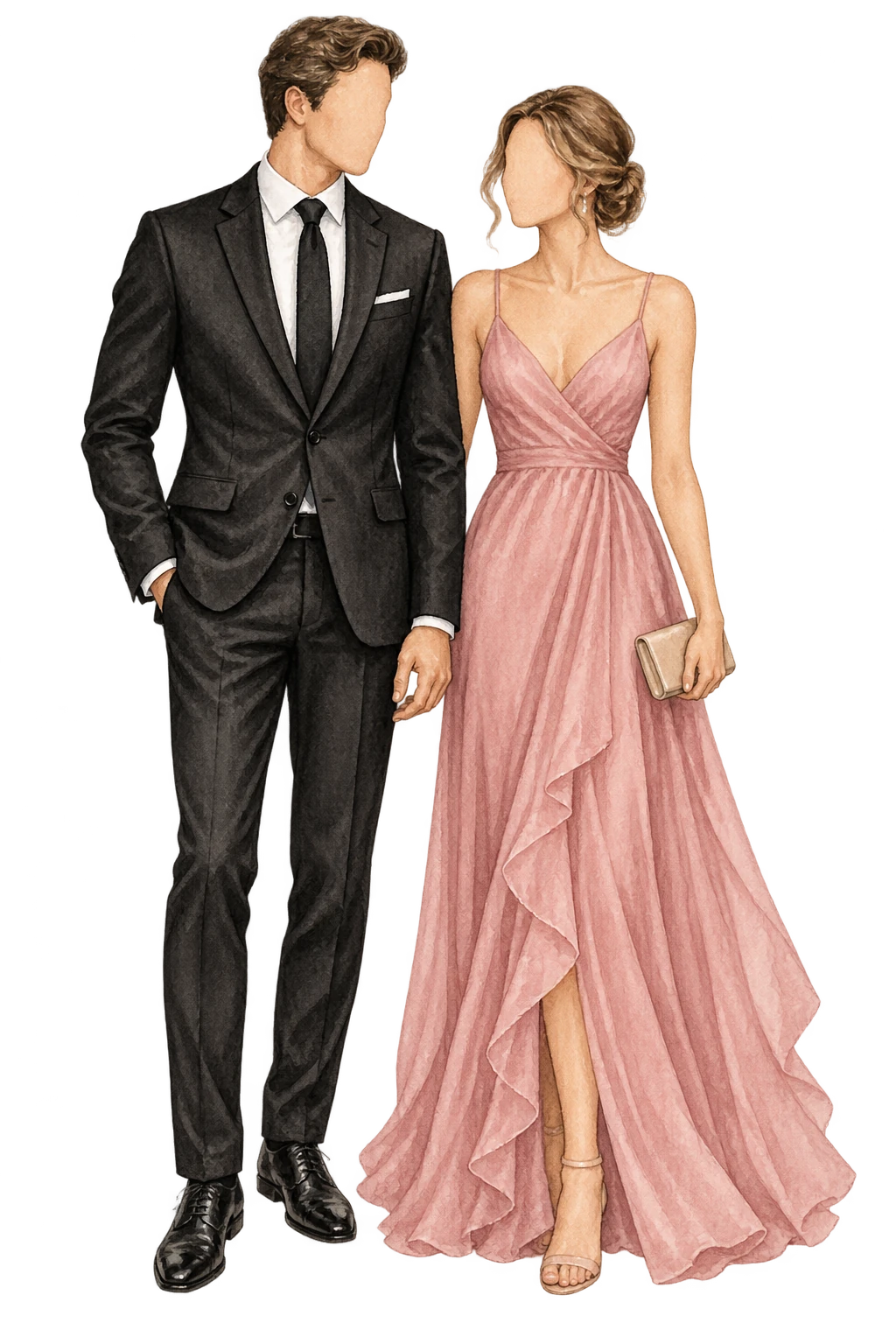 Dos figuras ilustradas sin rostro: hombre con traje negro y corbata larga, y mujer con vestido rosa